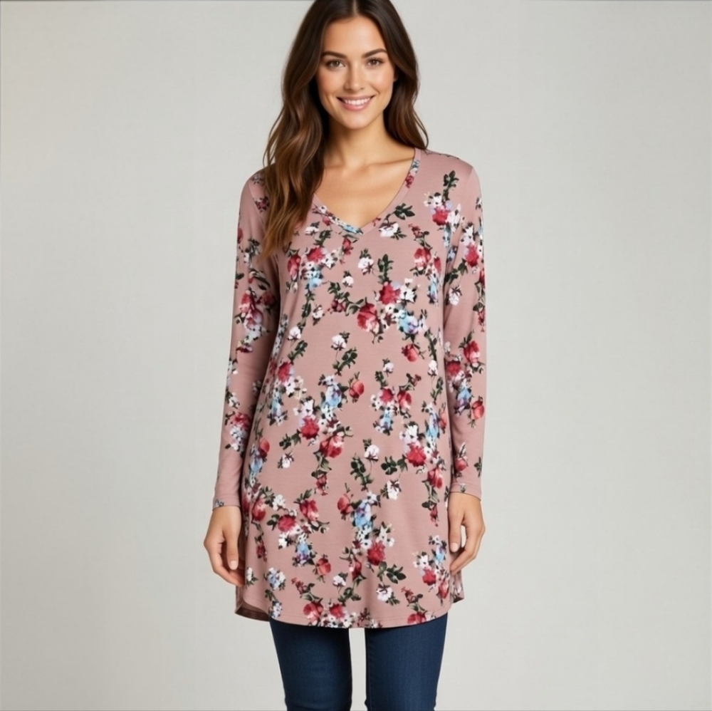 Soft Floral V-Neck Tunic Long Sleeve Flowy Boho Top Mauve Pink Size Medium